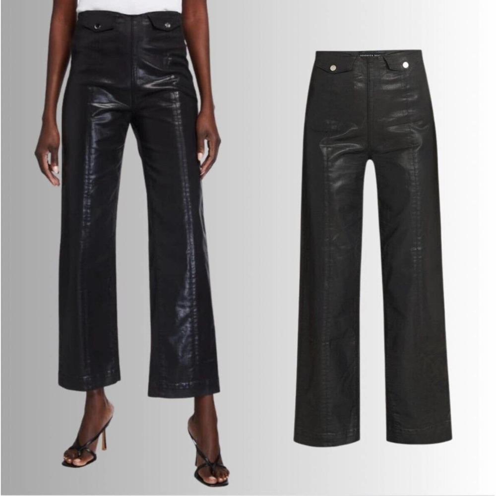 Veronica Beard | Brinley Black High Rise Coated Cropped Wide Leg Pants